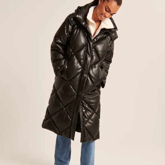 ❌SOLD ❌ NWT A&F Ultra Long Vegan Leather Quilted Puffer Coat SZ PETITE LARGE - Picture 8 of 12